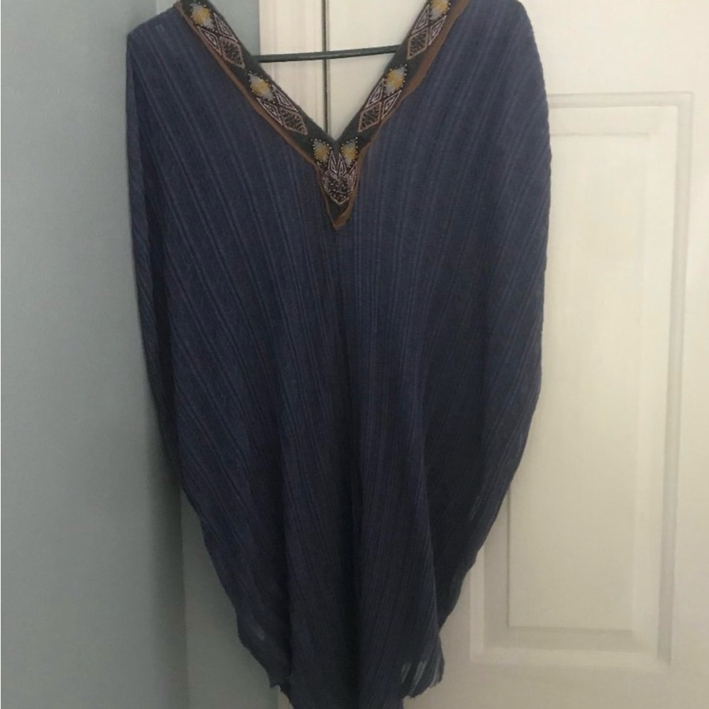 Free People Blue V-Neck Top with Embroidered Trim